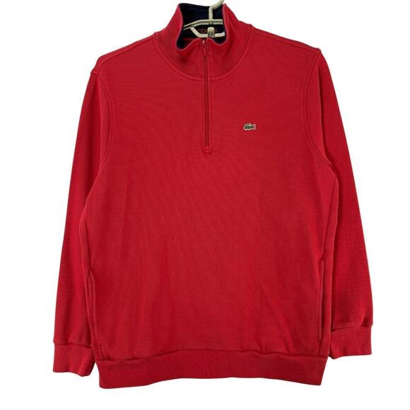 Lacoste Half Zip Lightweight Interlock Sweatshirt Red Ribbed Cotton Pockets Sz 9 - Picture 1 of 7